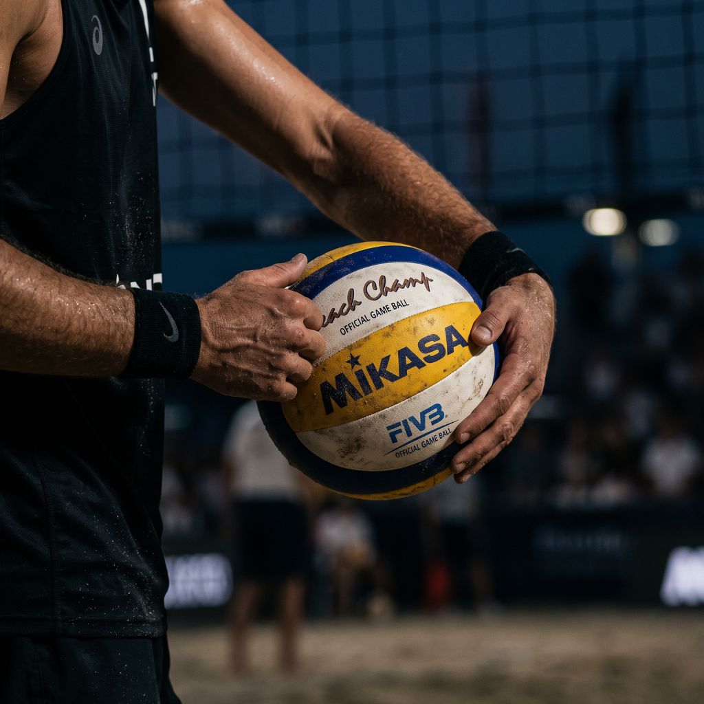 Close-up of a player gripping a blue-and-yellow Mikasa volleyball with both hands on a sandy court