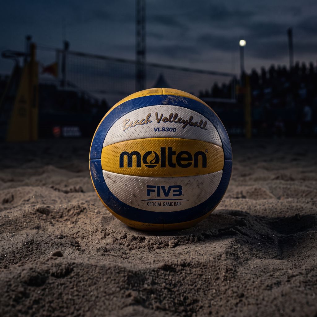 Volleyball on sandy court at dusk with a Molten beach ball displaying FIVB branding in focus