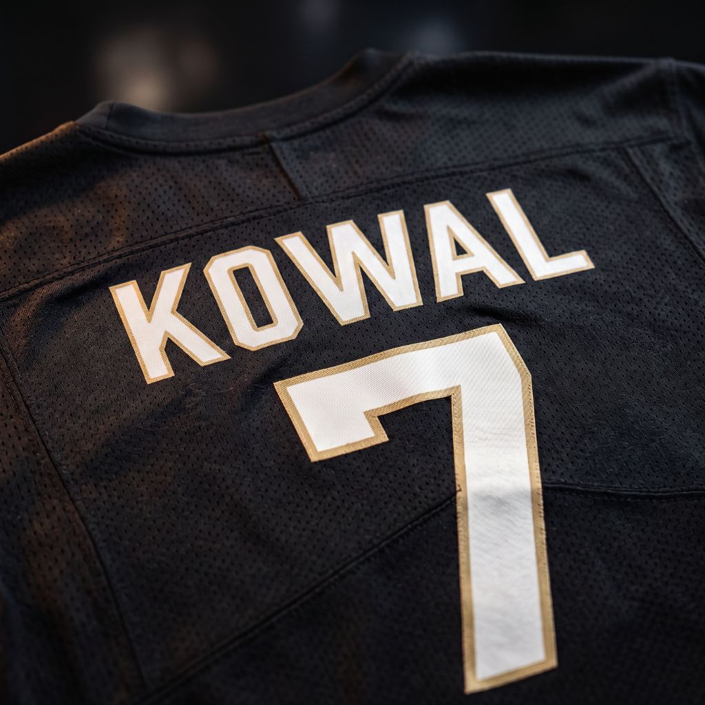Back of a dark sports jersey with the name 'KOWAL' and large white number 7.