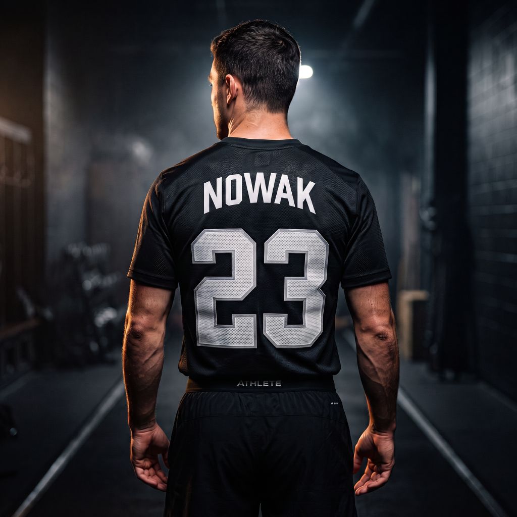 Back view of a man in a black sports jersey with the name NOWAK and number 23.