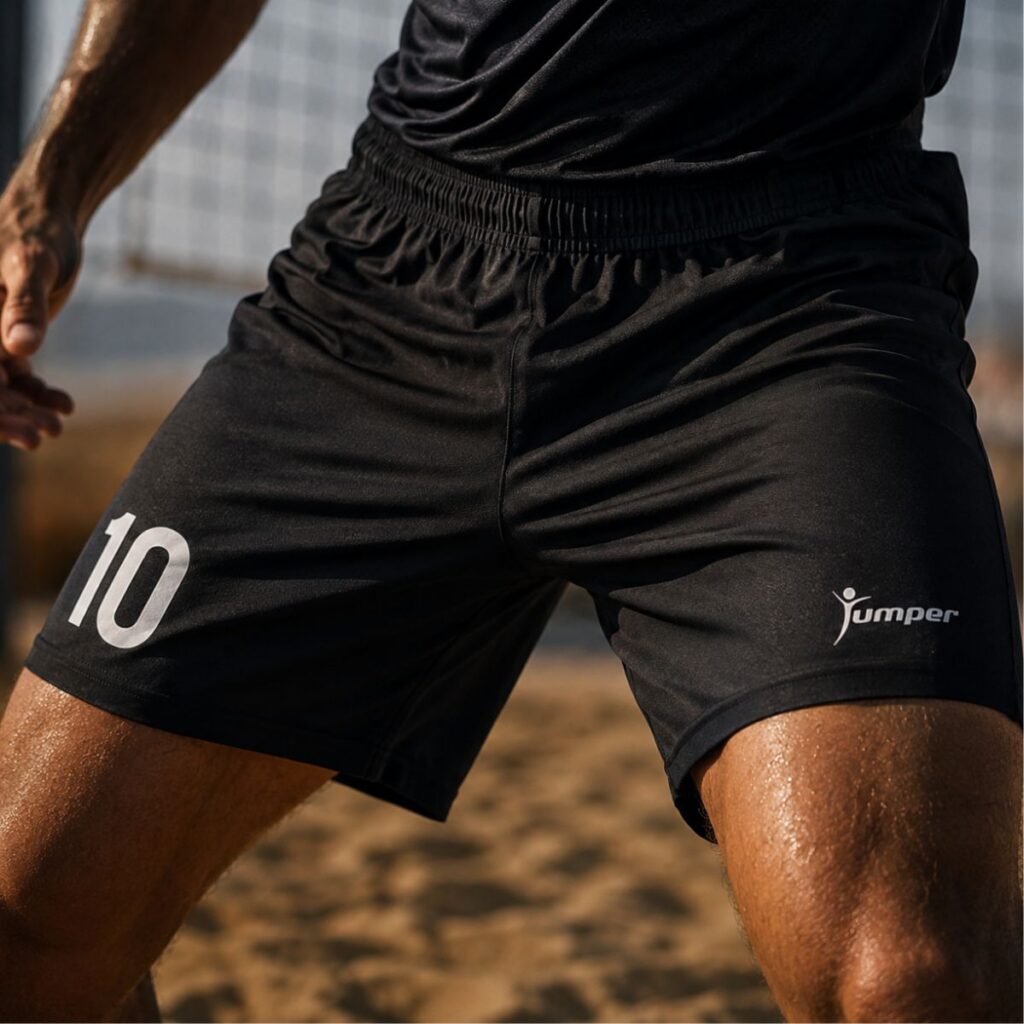 Close-up of an athlete wearing black athletic shorts with the number 10 on the left leg and the Jumper logo on the right leg, outdoors.