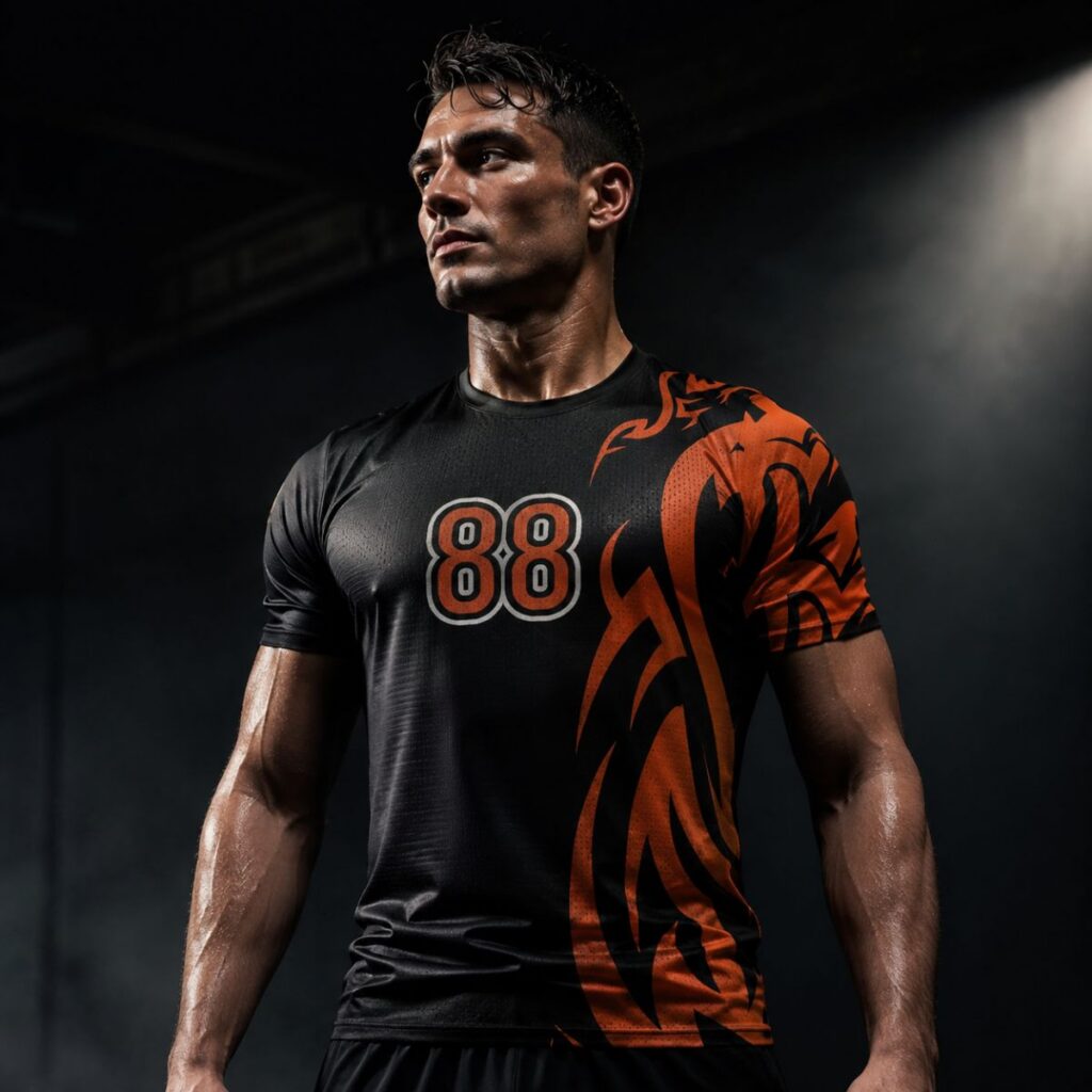 Athletic man wearing a black and orange sports jersey with the number 88, standing under studio lights.