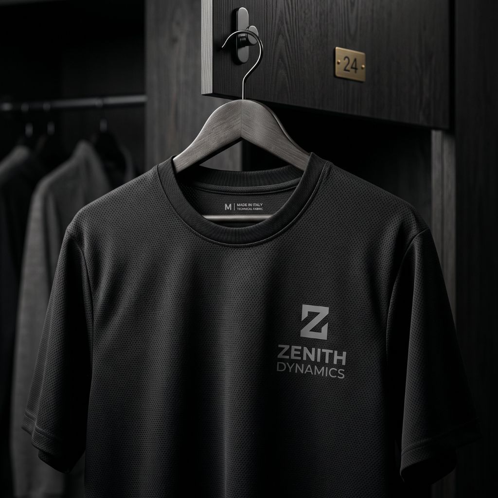 Black athletic T-shirt on a wooden hanger in a dark locker, with Zenith Dynamics logo on the chest and a size label inside.