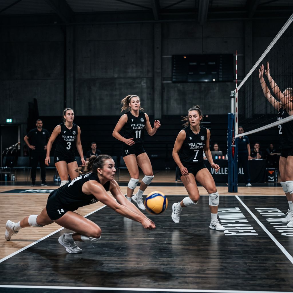 Women’s volleyball team in black uniforms dives to save the ball on an indoor court during a match.